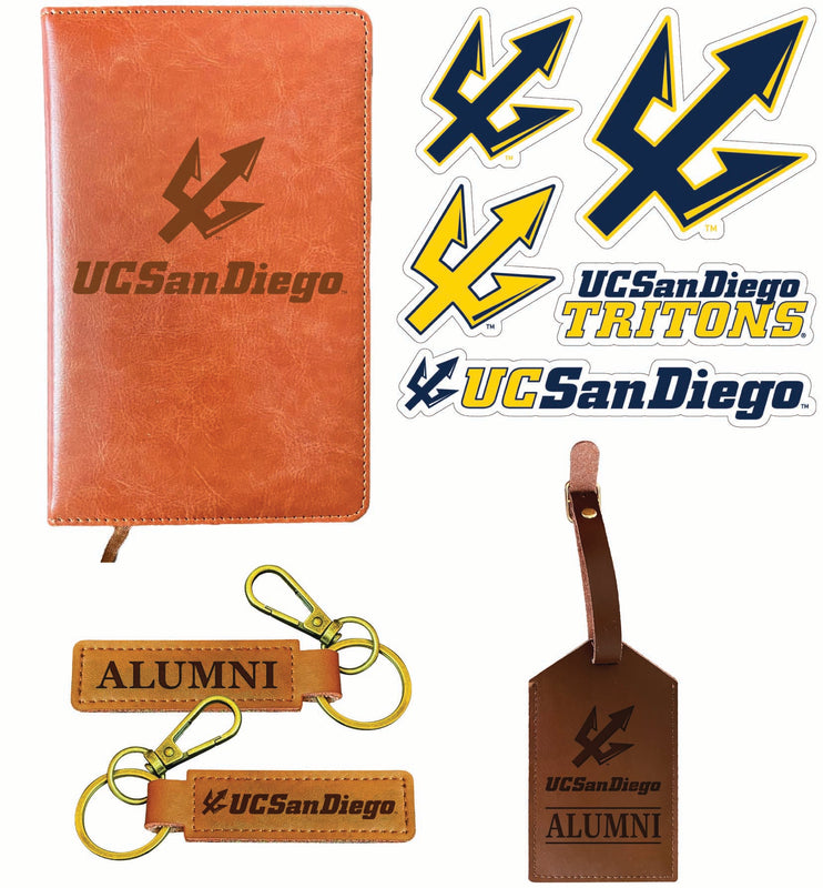 UC San Diego Officially Licensed College Graduation Gift Set – Engraved Leather Journal, Leather Alumni Keychain, Luggage Tag & 5-Pack Stickers 