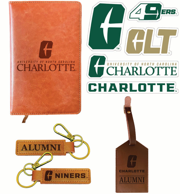 North Carolina Charlotte Forty-Niners Officially Licensed College Graduation Gift Set – Engraved Leather Journal, Leather Alumni Keychain, Luggage Tag & 5-Pack Stickers 
