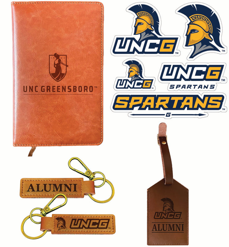 North Carolina Greensboro Spartans Officially Licensed College Graduation Gift Set – Engraved Leather Journal, Leather Alumni Keychain, Luggage Tag & 5-Pack Stickers 