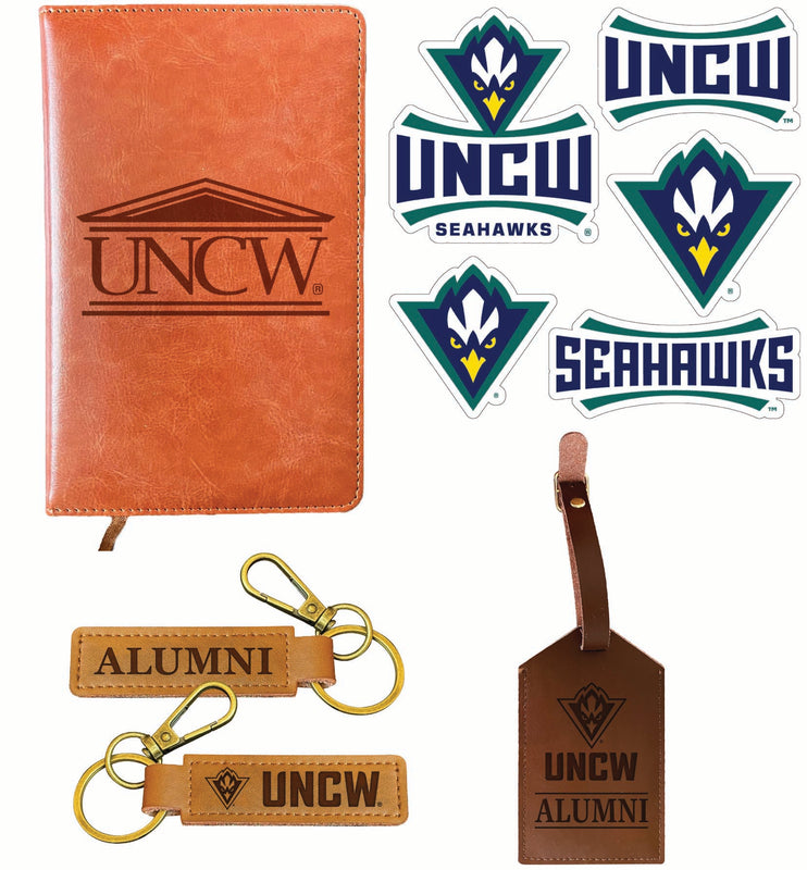 North Carolina Wilmington Seahawks Officially Licensed College Graduation Gift Set – Engraved Leather Journal, Leather Alumni Keychain, Luggage Tag & 5-Pack Stickers 