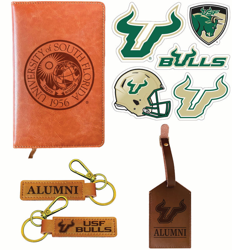 South Florida Bulls Officially Licensed College Graduation Gift Set – Engraved Leather Journal, Leather Alumni Keychain, Luggage Tag & 5-Pack Stickers 