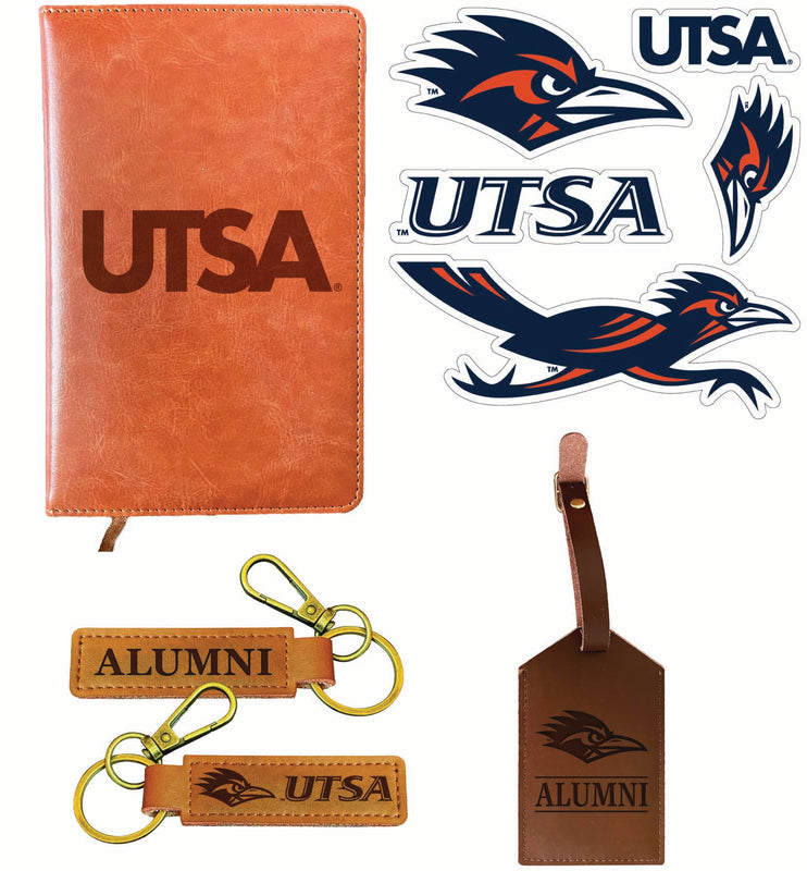 UTSA Road Runners Officially Licensed College Graduation Gift Set – Engraved Leather Journal, Leather Alumni Keychain, Luggage Tag & 5-Pack Stickers 