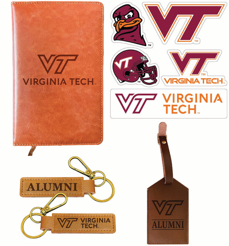 Virginia Tech Hokies Officially Licensed College Graduation Gift Set – Engraved Leather Journal, Leather Alumni Keychain, Luggage Tag & 5-Pack Stickers 
