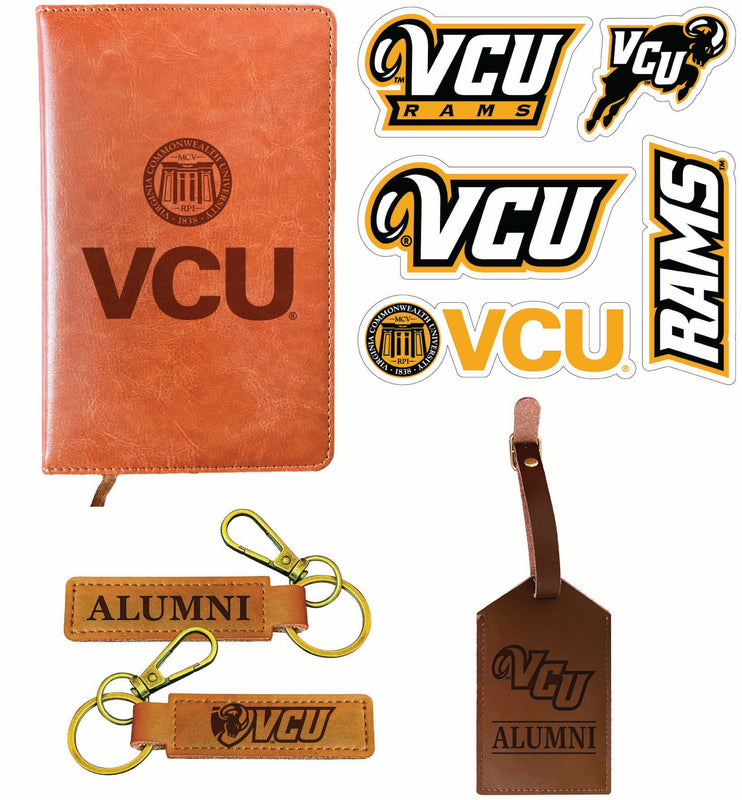Virginia Commonwealth Officially Licensed College Graduation Gift Set – Engraved Leather Journal, Leather Alumni Keychain, Luggage Tag & 5-Pack Stickers 