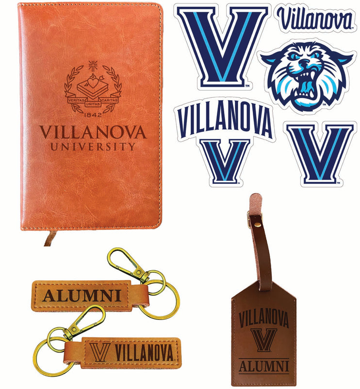 Villanova Wildcats Officially Licensed College Graduation Gift Set – Engraved Leather Journal, Leather Alumni Keychain, Luggage Tag & 5-Pack Stickers 