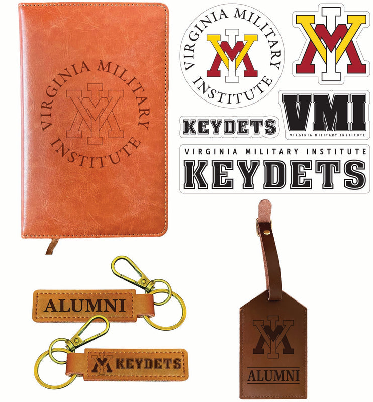 VMI Keydets Officially Licensed College Graduation Gift Set – Engraved Leather Journal, Leather Alumni Keychain, Luggage Tag & 5-Pack Stickers 