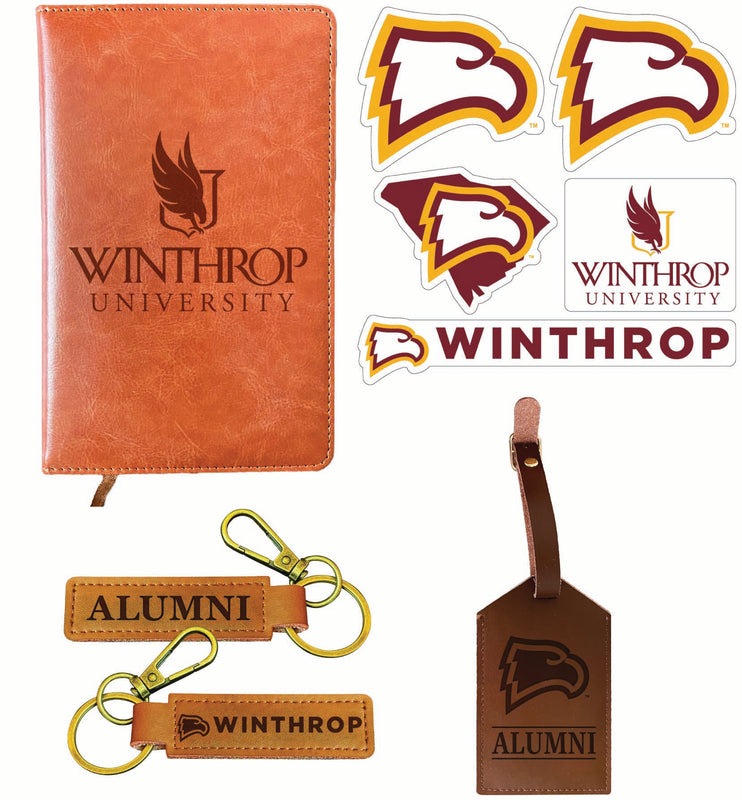 Winthrop University Officially Licensed College Graduation Gift Set – Engraved Leather Journal, Leather Alumni Keychain, Luggage Tag & 5-Pack Stickers 