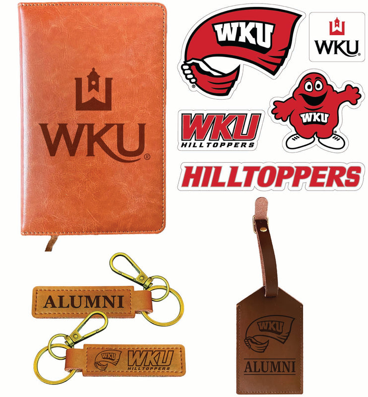 Western Kentucky Hilltoppers Officially Licensed College Graduation Gift Set – Engraved Leather Journal, Leather Alumni Keychain, Luggage Tag & 5-Pack Stickers 