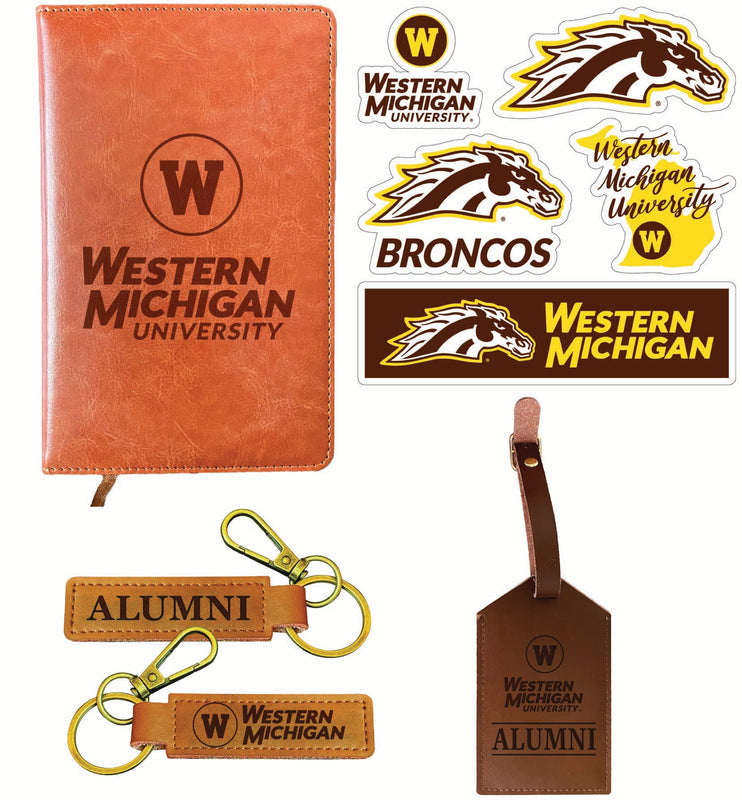 Western Michigan University Officially Licensed College Graduation Gift Set – Engraved Leather Journal, Leather Alumni Keychain, Luggage Tag & 5-Pack Stickers 