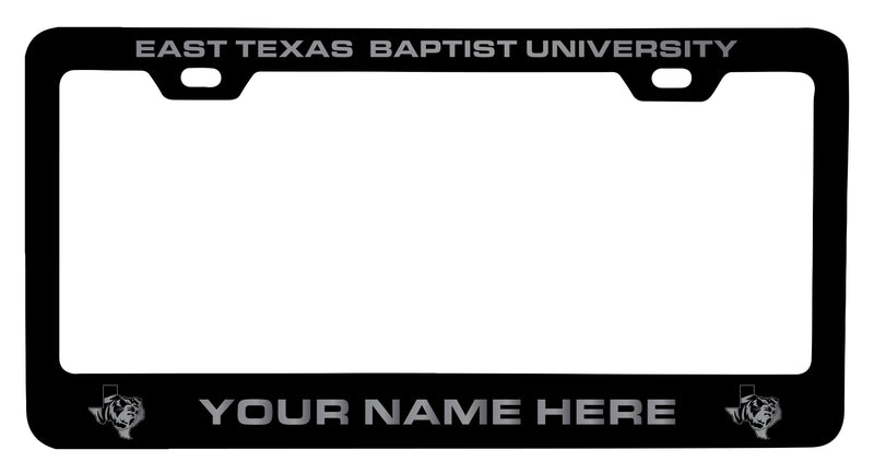 East Texas Baptist University Customizable Engraved Metal License Plate Frame Officially Licensed Collegiate Product  Black