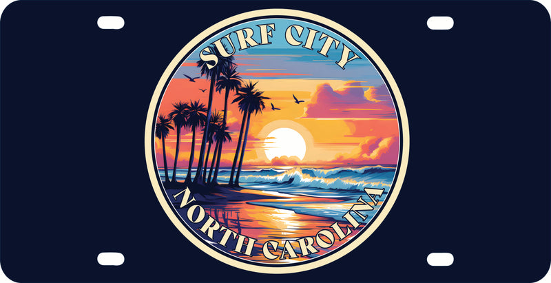 Surf City North Carolina Palm Sunset Design Souvenir Mini Metal License Plate 4.75 x 2.25 inch 