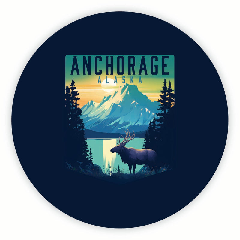 Anchorage Alaska Moose and Mountains Design Souvenir Round Fridge Magnet 6-Inch