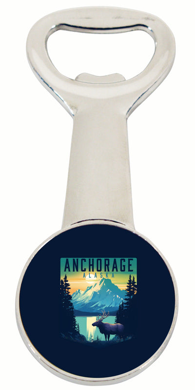 Anchorage Alaska Moose and Mountains Design Souvenir Magnetic Bottle Opener 4-Pack