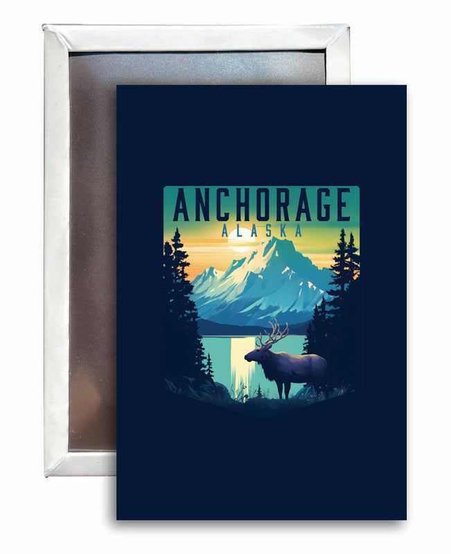 Anchorage Alaska Moose and Mountains Design Souvenir Refrigerator Magnet 2.5"X3.5" Single