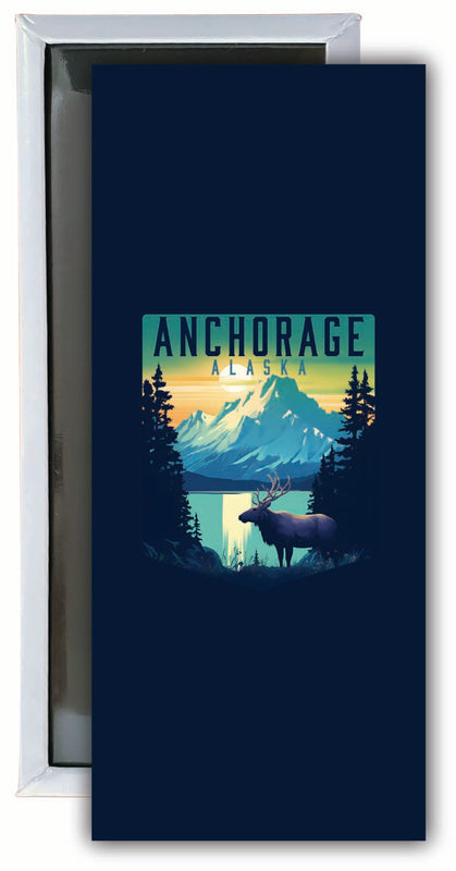 Anchorage Alaska Moose and Mountains Design Souvenir Fridge Magnet 4.75 x 2 Inch 4-Pack