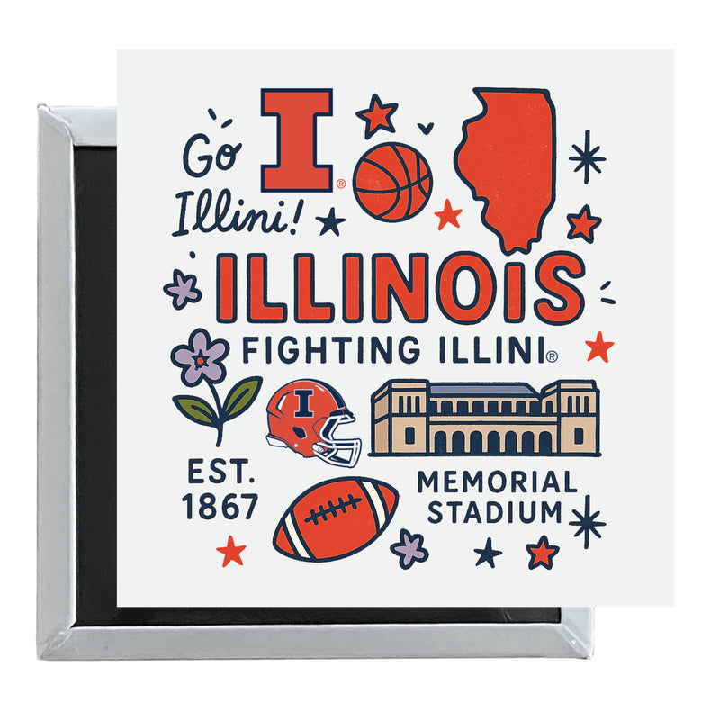 Illinois Fighting Illini Officially Licensed 2.5"x 2.5" Fridge Magnet Medley Design 