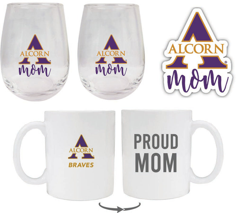 Alcorn State Braves Collegiate Mom Gift Set - Decal, Coffee Mug & Stemless Wine Glass 