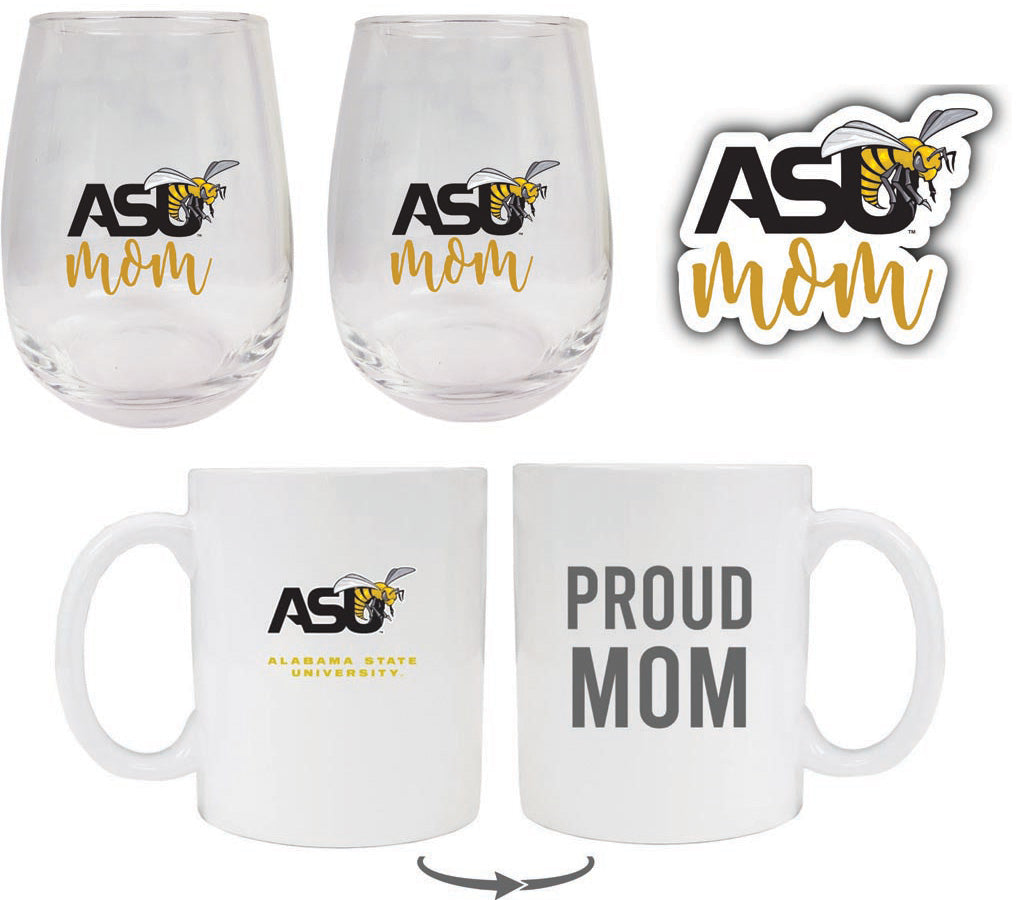 Alabama State University Collegiate Mom Gift Set - Decal, Coffee Mug & Stemless Wine Glass 