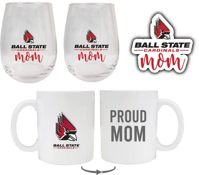 Ball State University Collegiate Mom Gift Set - Decal, Coffee Mug & Stemless Wine Glass 