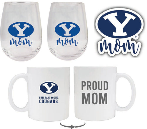 Brigham Young Cougars Collegiate Mom Gift Set - Decal, Coffee Mug & Stemless Wine Glass 