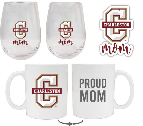 College of Charleston Collegiate Mom Gift Set - Decal, Coffee Mug & Stemless Wine Glass 