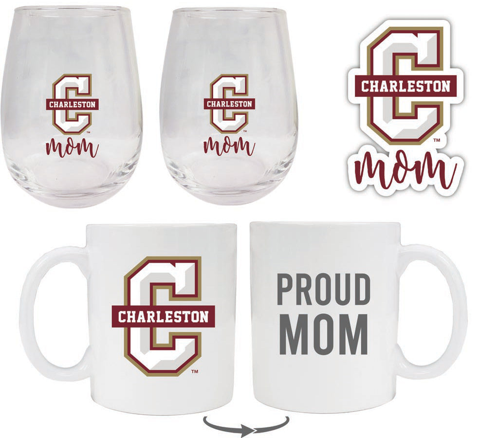 College of Charleston Collegiate Mom Gift Set - Decal, Coffee Mug & Stemless Wine Glass 