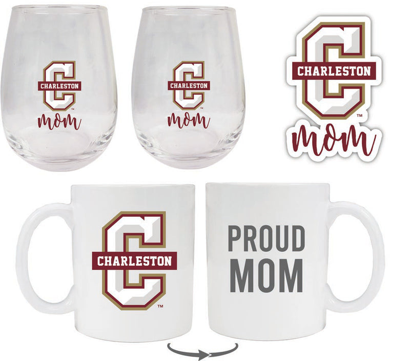 College of Charleston Collegiate Mom Gift Set - Decal, Coffee Mug & Stemless Wine Glass 