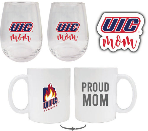 University of Illinois at Chicago Collegiate Mom Gift Set - Decal, Coffee Mug & Stemless Wine Glass 