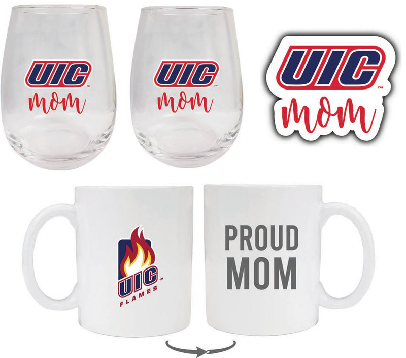 University of Illinois at Chicago Collegiate Mom Gift Set - Decal, Coffee Mug & Stemless Wine Glass 