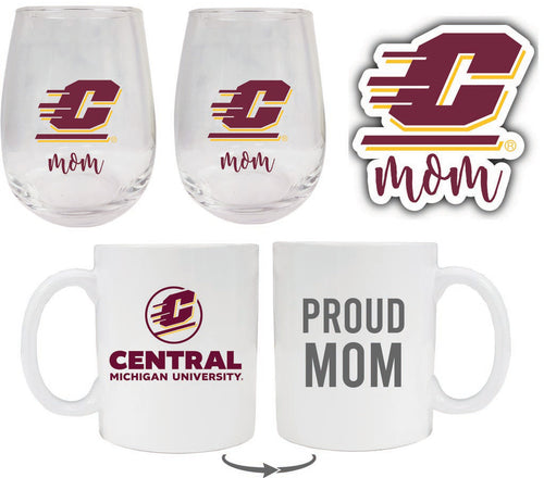 Central Michigan University Collegiate Mom Gift Set - Decal, Coffee Mug & Stemless Wine Glass 