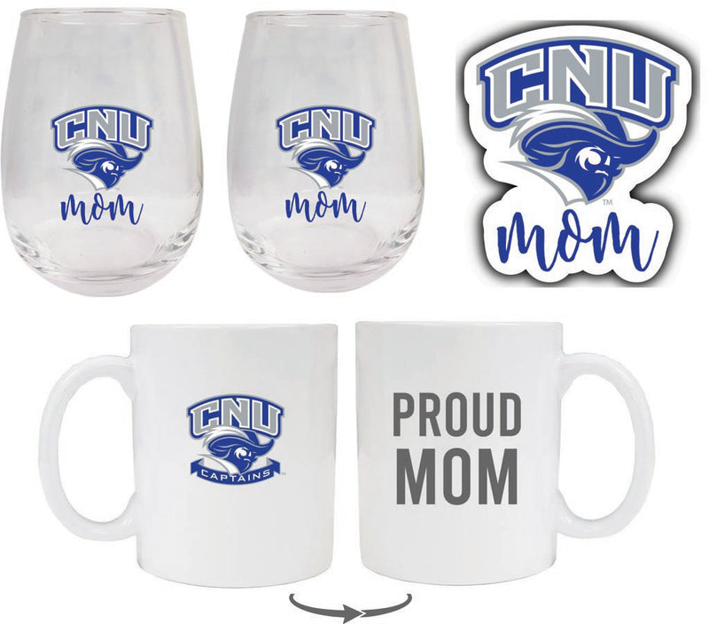Christopher Newport Captains Collegiate Mom Gift Set - Decal, Coffee Mug & Stemless Wine Glass 