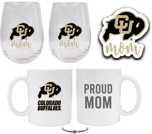 Colorado Buffaloes Collegiate Mom Gift Set - Decal, Coffee Mug & Stemless Wine Glass 