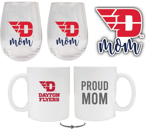 Dayton Flyers Collegiate Mom Gift Set - Decal, Coffee Mug & Stemless Wine Glass 