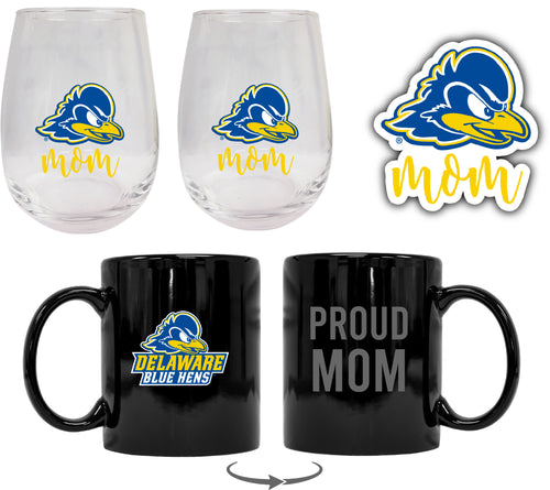 Delaware Blue Hens Collegiate Mom Gift Set - Decal, Coffee Mug & Stemless Wine Glass 