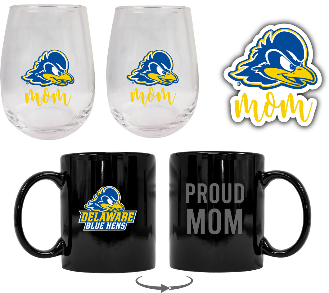 Delaware Blue Hens Collegiate Mom Gift Set - Decal, Coffee Mug & Stemless Wine Glass 
