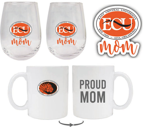 East Central University Tigers Collegiate Mom Gift Set - Decal, Coffee Mug & Stemless Wine Glass 