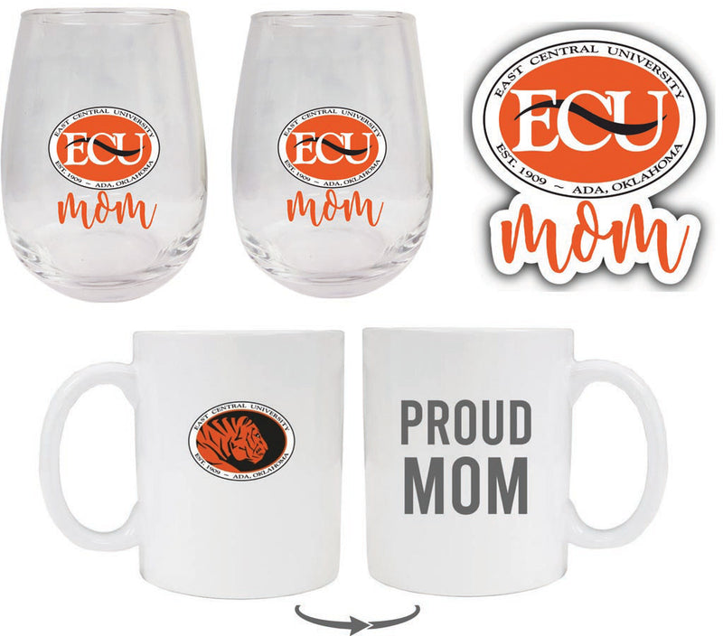 East Central University Tigers Collegiate Mom Gift Set - Decal, Coffee Mug & Stemless Wine Glass 