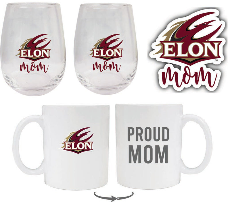 Elon University Collegiate Mom Gift Set - Decal, Coffee Mug & Stemless Wine Glass 