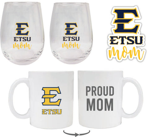 East Tennessee State University Collegiate Mom Gift Set - Decal, Coffee Mug & Stemless Wine Glass 