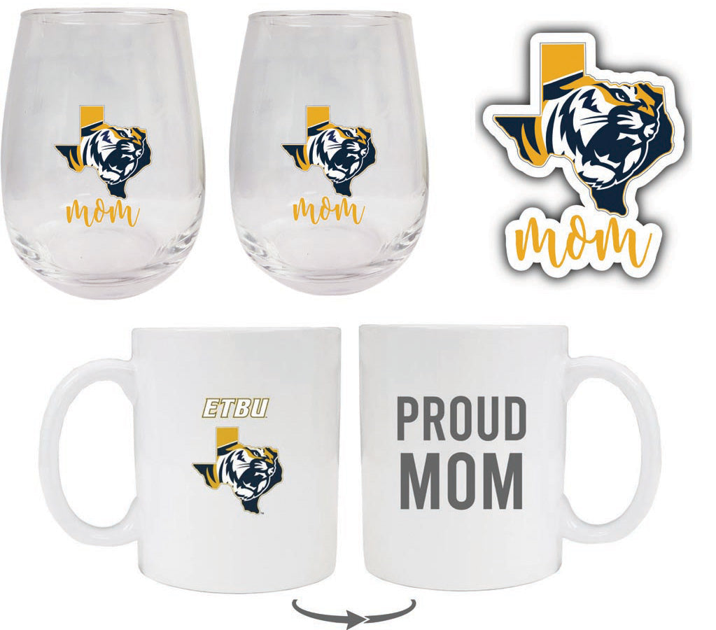 East Texas Baptist University Collegiate Mom Gift Set - Decal, Coffee Mug & Stemless Wine Glass 