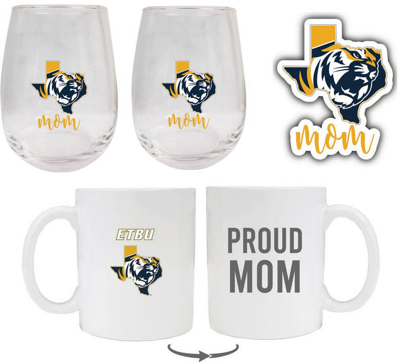 East Texas Baptist University Collegiate Mom Gift Set - Decal, Coffee Mug & Stemless Wine Glass 