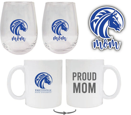 Fayetteville State University Collegiate Mom Gift Set - Decal, Coffee Mug & Stemless Wine Glass 