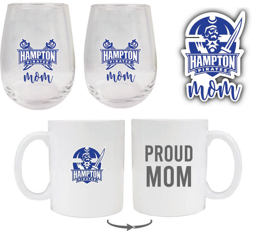 Hampton University Collegiate Mom Gift Set - Decal, Coffee Mug & Stemless Wine Glass 