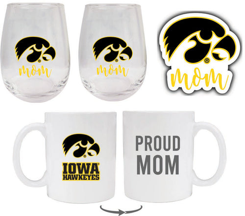 Iowa Hawkeyes Collegiate Mom Gift Set - Decal, Coffee Mug & Stemless Wine Glass 