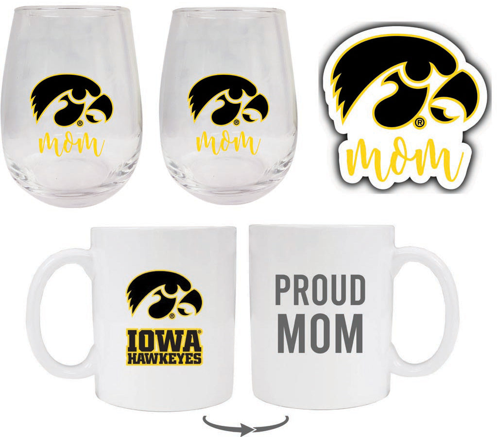 Iowa Hawkeyes Collegiate Mom Gift Set - Decal, Coffee Mug & Stemless Wine Glass 