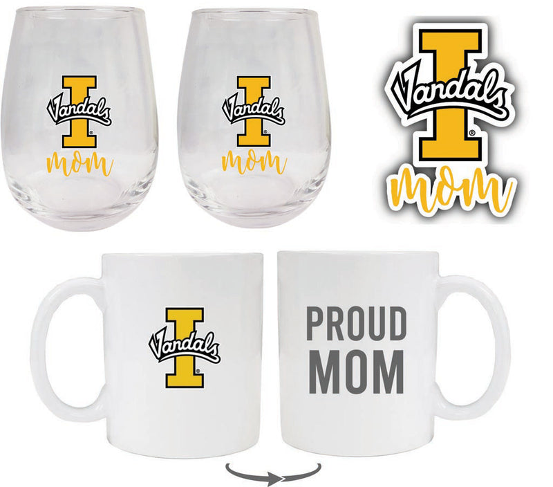 Idaho Vandals Collegiate Mom Gift Set - Decal, Coffee Mug & Stemless Wine Glass 