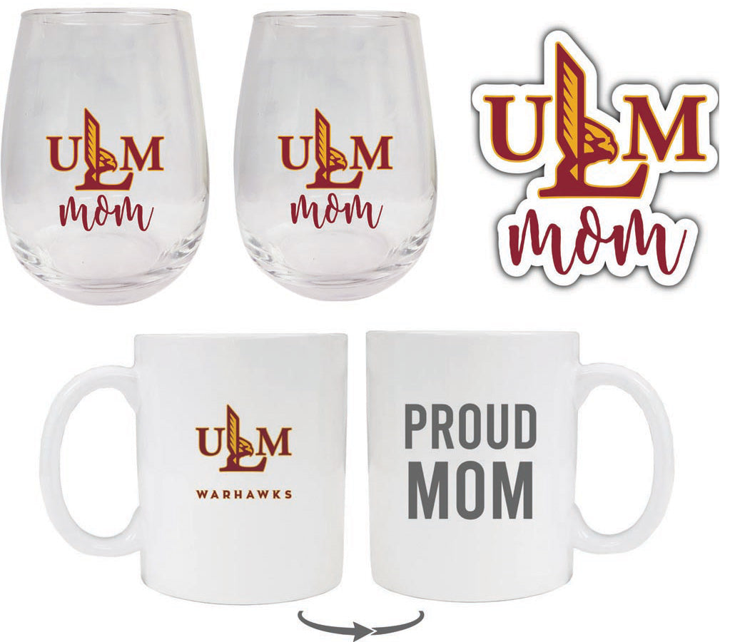 University of Louisiana Monroe Collegiate Mom Gift Set - Decal, Coffee Mug & Stemless Wine Glass 