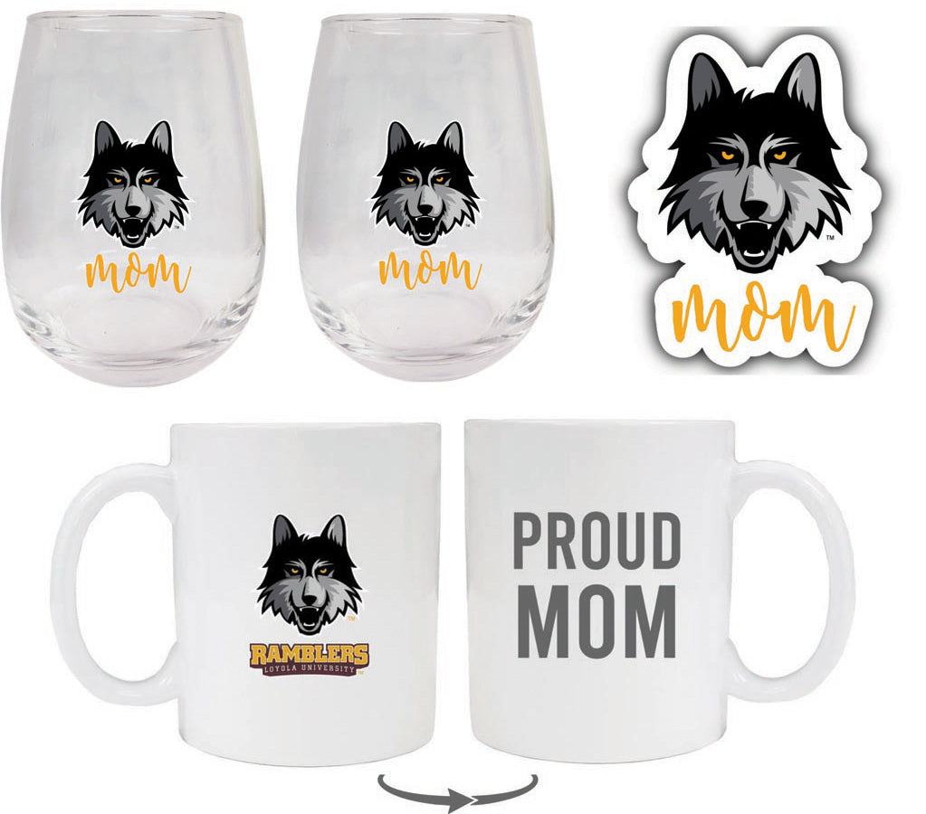 Loyola University Ramblers Collegiate Mom Gift Set - Decal, Coffee Mug & Stemless Wine Glass 