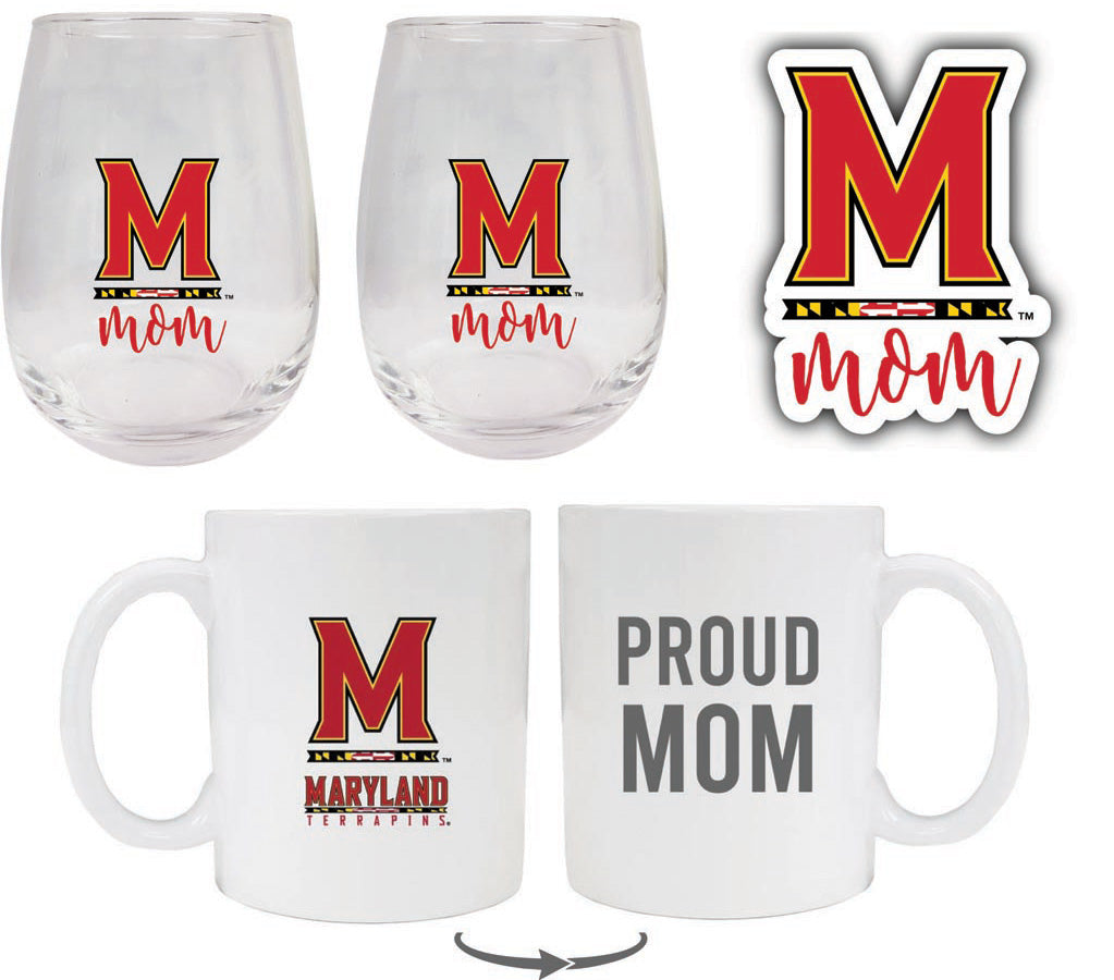Maryland Terrapins Collegiate Mom Gift Set - Decal, Coffee Mug & Stemless Wine Glass 