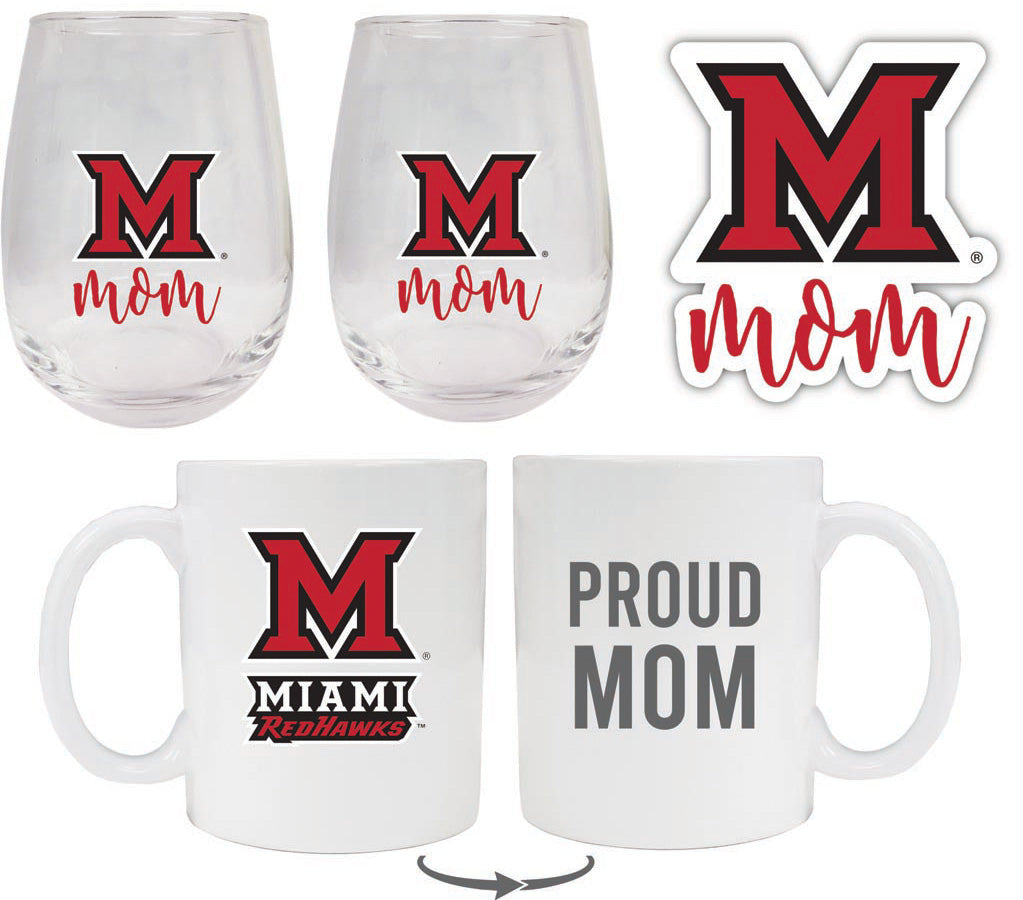 Miami University of Ohio Collegiate Mom Gift Set - Decal, Coffee Mug & Stemless Wine Glass 